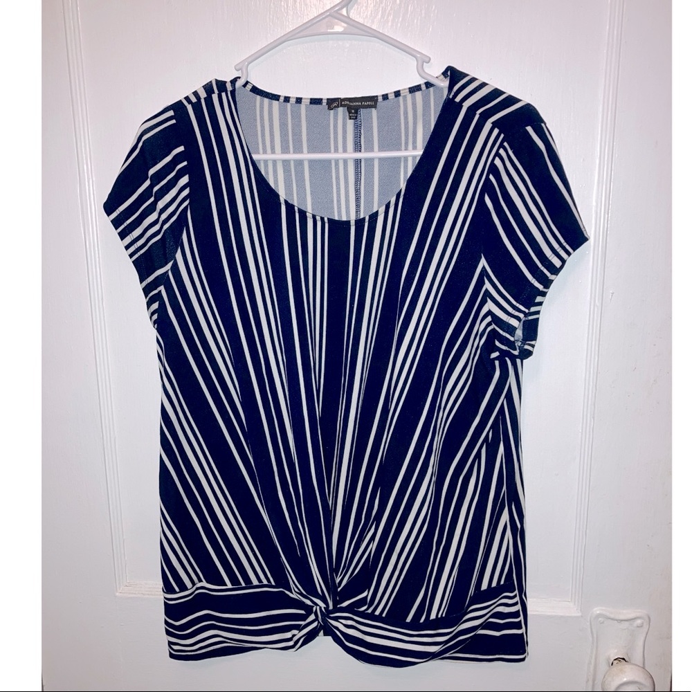 Adrianna Papell Stretchy Medium Twisted Knot Blue & White Striped Blouse